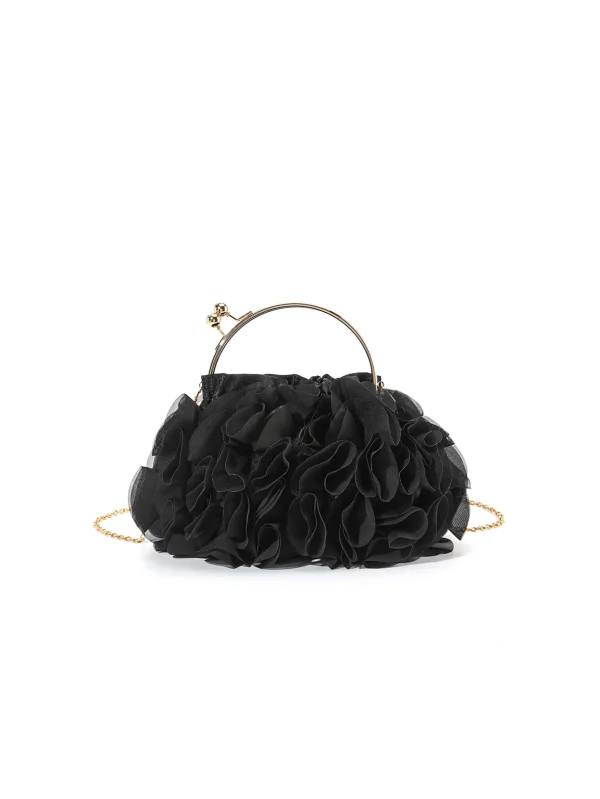 sac à main de soirée noir style fleur en organza avec anse dorée