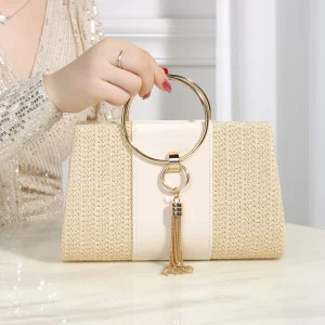 sac à main élégant en paille tressée beige