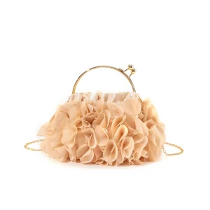 sac à main de soirée beige style fleur en organza avec anse dorée