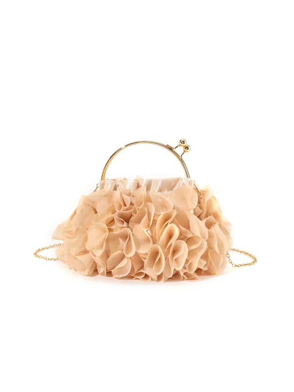 sac à main de soirée beige style fleur en organza avec anse dorée