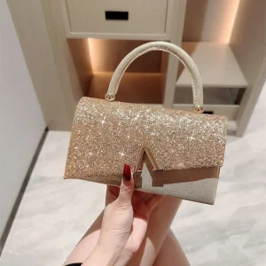 sac à main de soirée pailleté – doré avec fermoir en v