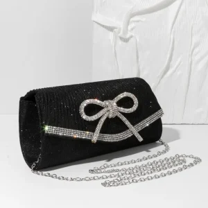 sac à main soirée noir chic avec strass et nœud en cristal