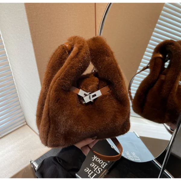 Sac À Main En Fourrure Synthétique Marron – Sac Épaule Doux Et Tendance Avec Anse Réglable