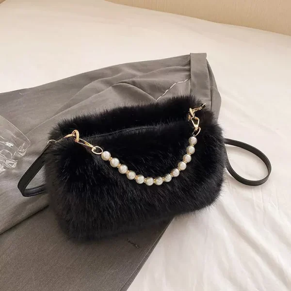 Sac À Main En Fausse Fourrure Noire Avec Chaîne De Perles – Élégant Et Chic