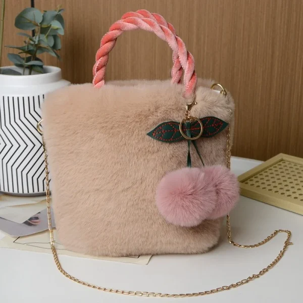 Sac À Main En Fausse Fourrure Marron Poignée Tressée Et Pompons Cerise – Sac Tendance Hiver