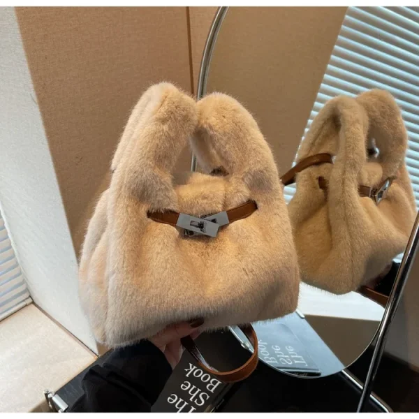 Sac À Main En Fourrure Synthétique Beige – Sac Épaule Doux Et Tendance Avec Anse Réglable