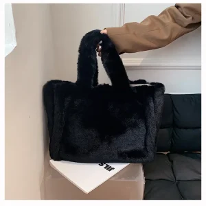 Sac À Main En Fausse Fourrure Noire – Sac D’hiver Doux Tendance Et Élégant