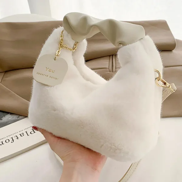 Sac À Main Blanc En Fausse Fourrure – Sac Doux Tendance Avec Poignée Design Et Bandoulière