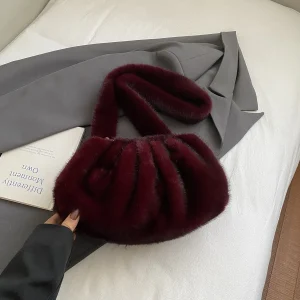Sac À Main Fourrure Bordeaux – Sac Hiver Doux À Anse Large Et Style Bouffant