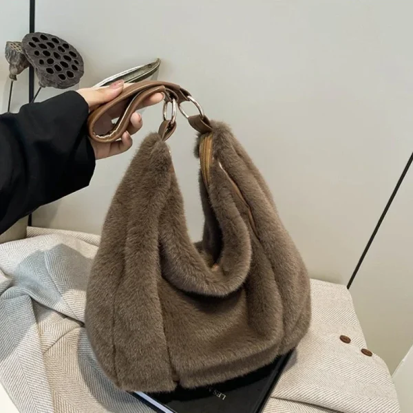 Sac À Main Fourrure Hobo Marron – Sac Épaule Doux Et Tendance Pour L’hiver