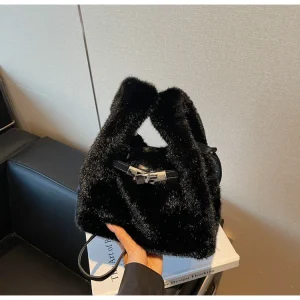 Sac À Main En Fourrure Synthétique Noir – Sac Épaule Doux Et Tendance Avec Anse Réglable