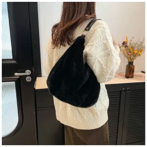 Sac À Main Fourrure Hobo Noir – Sac Épaule Doux Et Tendance Pour L’hiver