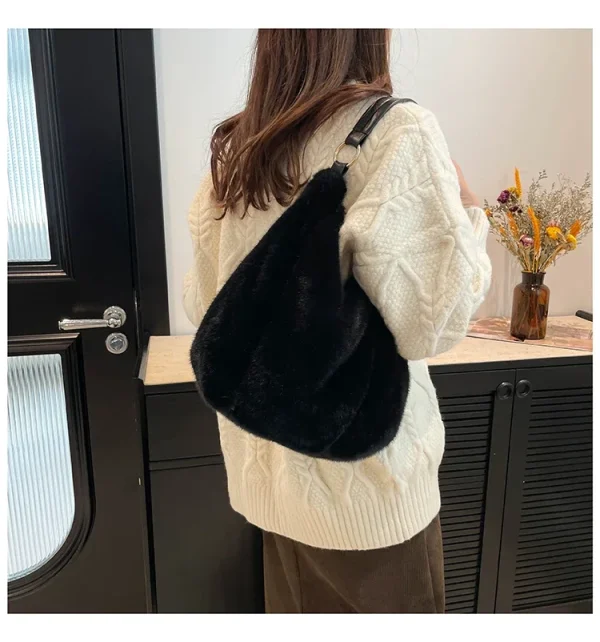 Sac À Main Fourrure Hobo Noir – Sac Épaule Doux Et Tendance Pour L’hiver
