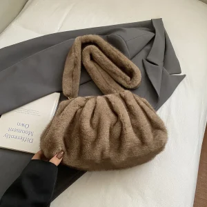 Sac À Main Fourrure Marron Clair – Sac Hiver Doux À Anse Large Et Style Bouffant